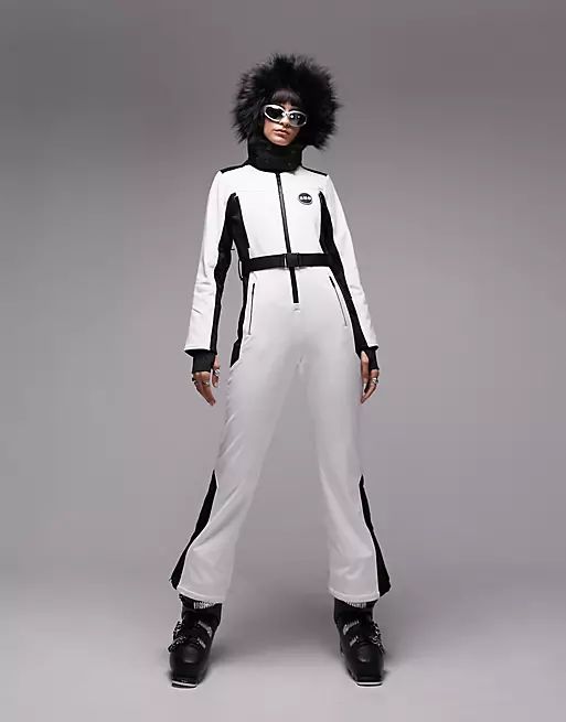 Topshop Sno ski suit with faux fur hood & belt in white | ASOS (Global)