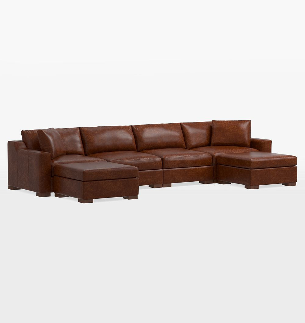 Sublimity Leather 6-Piece Double Ottoman Sectional Sofa, Classic - Mont Blanc Leather Bourbon | Rejuvenation