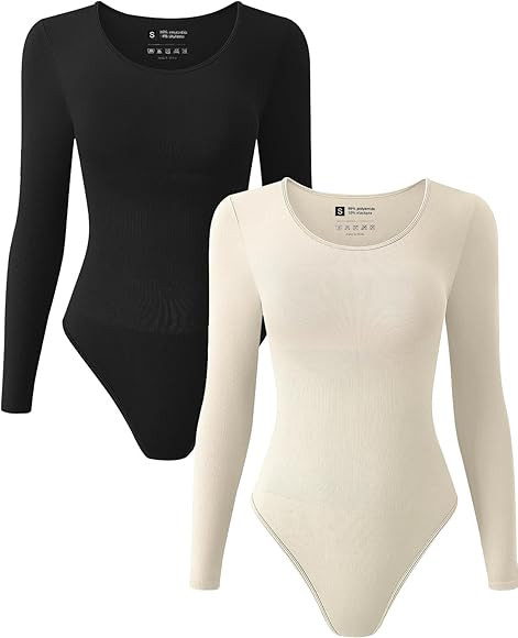 TDIFFUN Womens Long Sleeve Bodysuits Shapewear Seamless Ribbed Crew Neck One Piece Sexy Body Shap... | Amazon (US)