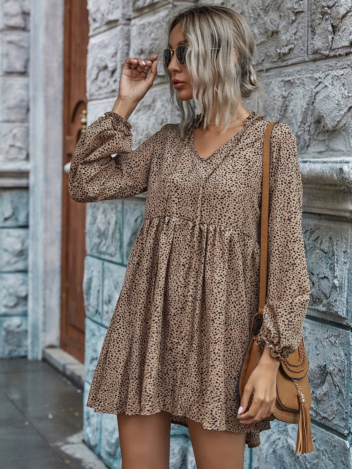 Dalmatian Print Tie Neck Smock Dress | SHEIN