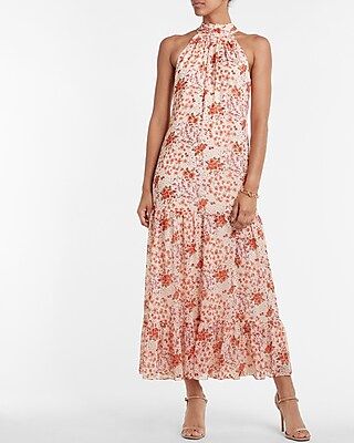 Floral High Neck Tie Back Tiered Maxi Dress | Express