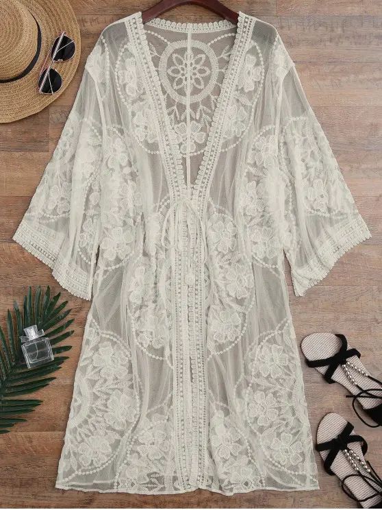 Sheer Lace Tie Front Kimono Cover Up   APRICOT BLACK WHITE | Zaful UK