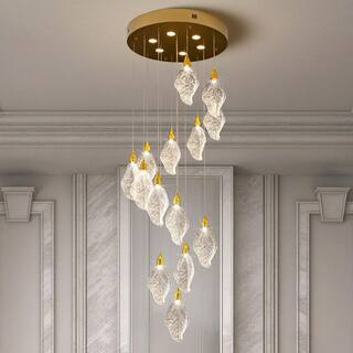 Modern 78 in. H 14-Light Integrated LED Gold Crystal Staircase Chandelier, Bionic Leaf High Ceiling LED Lighting Fixture | The Home Depot