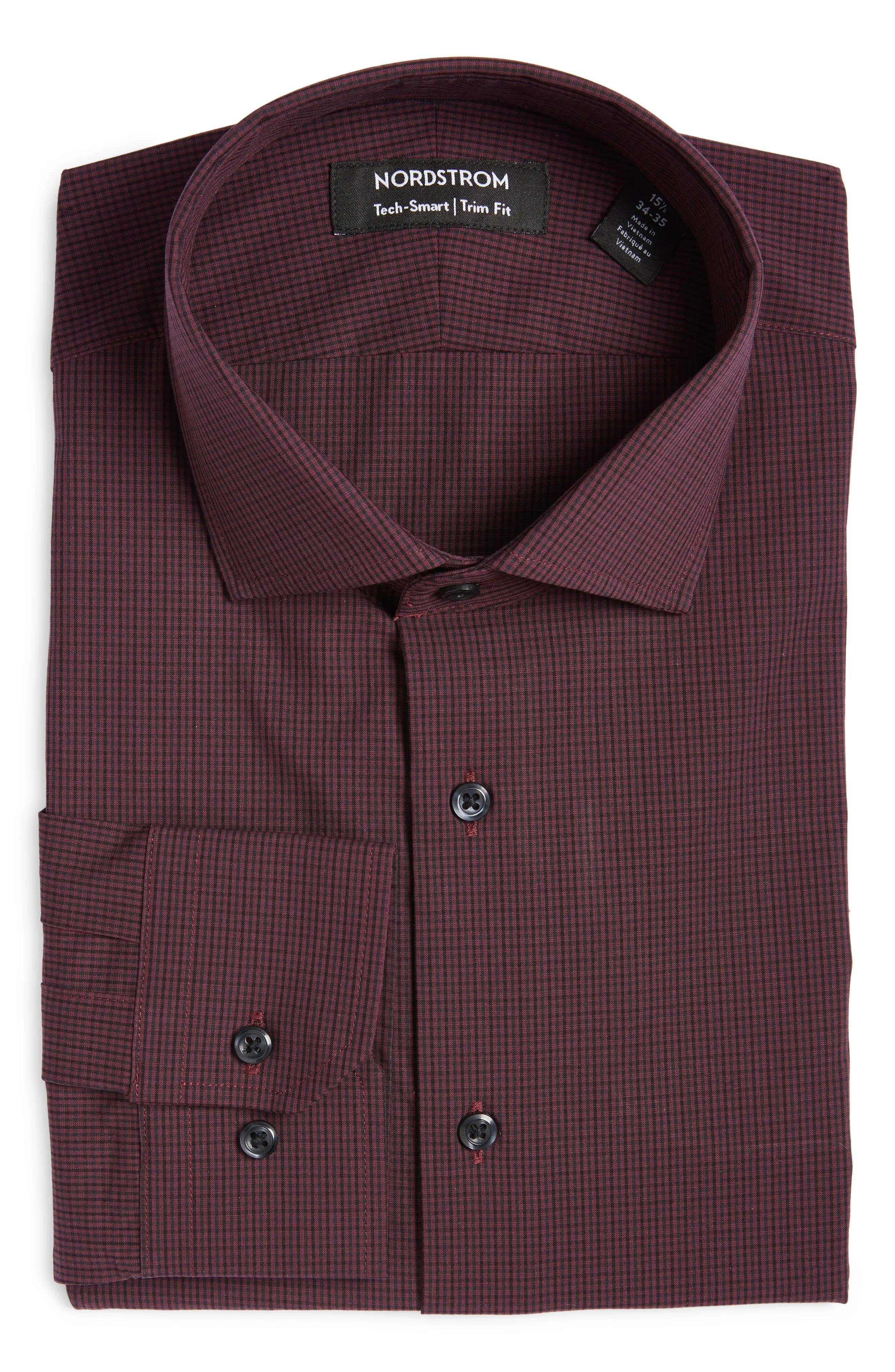Nordstrom Men's Tech-Smart Trim Fit Stretch Check Cotton Blend Dress Shirt in Purple- Black Micro To | Nordstrom