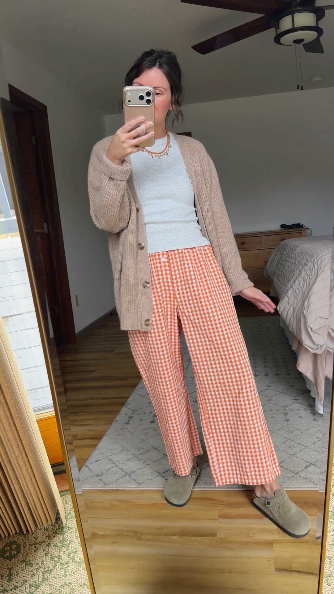 small in my tee, xs in my cardigan (also linked similar) and small in my pants (I’m 5’1” and they fit great! Also linked the longer wide leg pair for taller girls!)

my birk clogs are 6 and I also linked a more affordable pair. 
