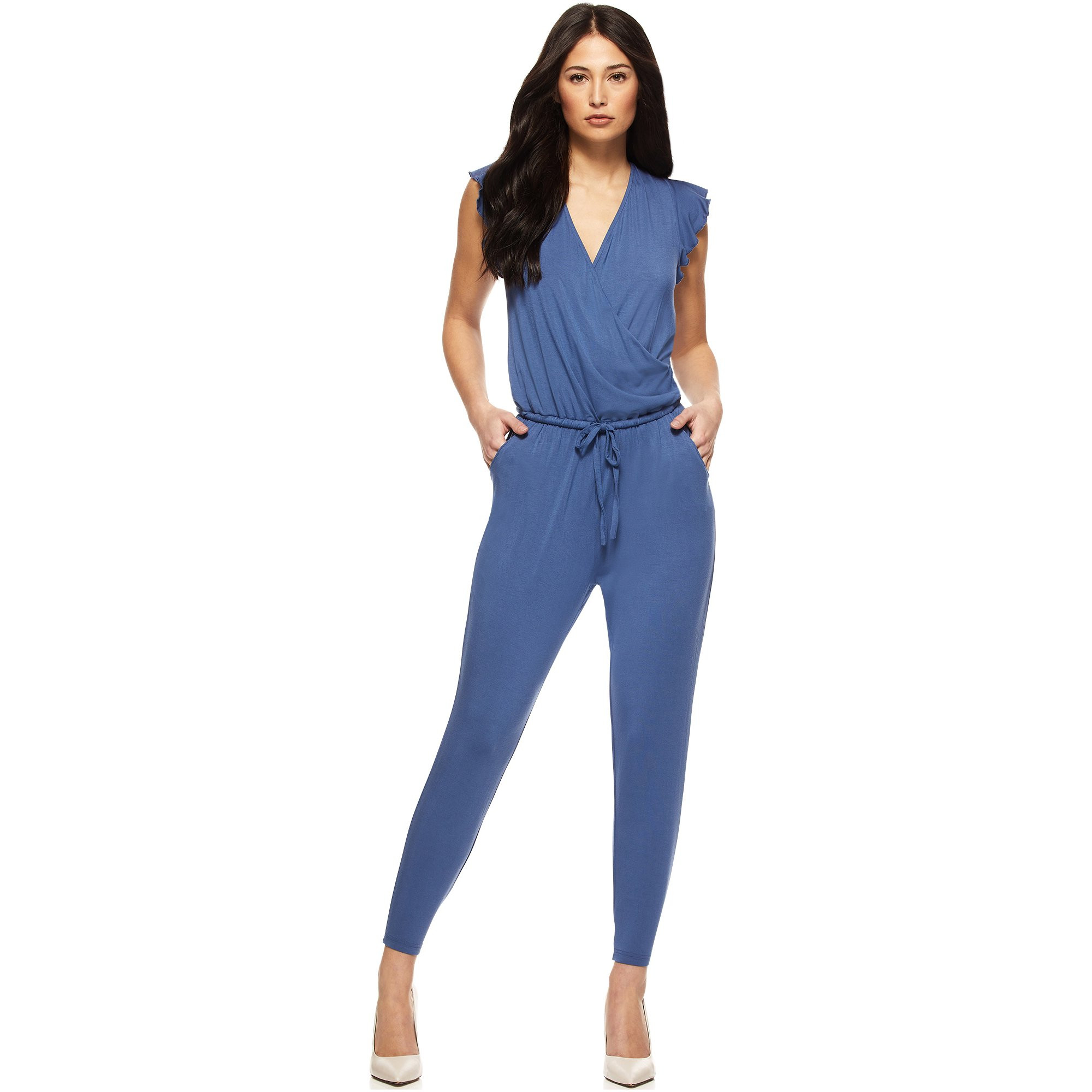Sofia Jeans by Sofia Vergara Women's Faux Wrap Jumpsuit with Ruffle Short Sleeves | Walmart (US)