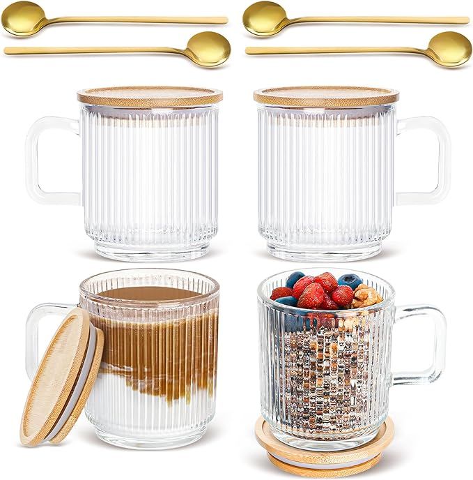 Set of 4 Glass Coffee Mugs with Bamboo Lids and Spoons, 12oz Vintage Ribbed Glassware for Latte, ... | Amazon (US)