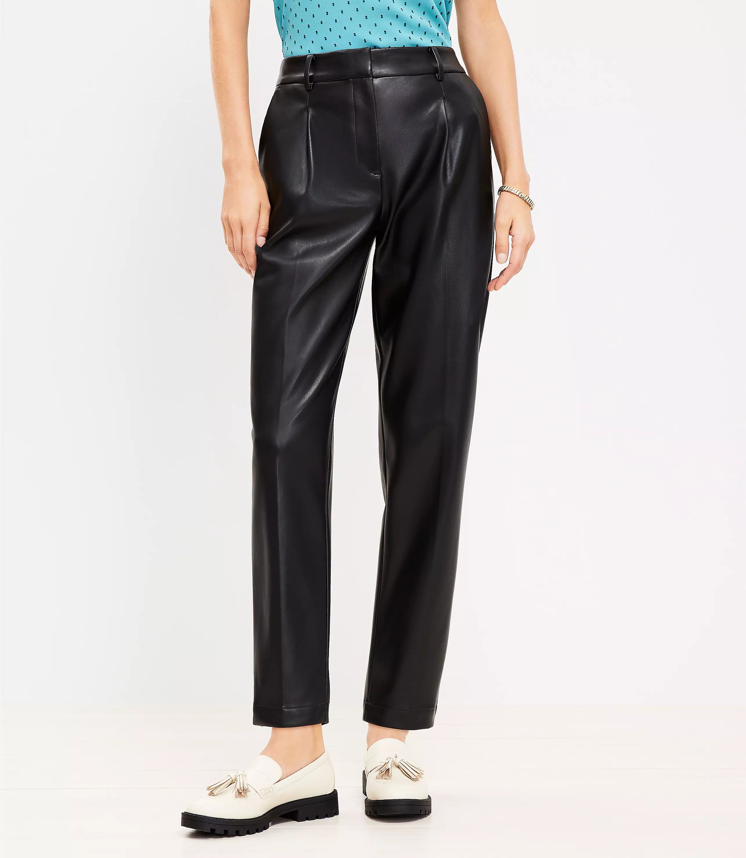 Pleated Tapered Pants in Faux Leather | LOFT