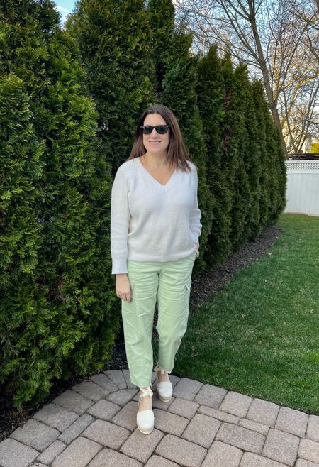 I’m loving the spring pastel colors. The pants also come in pink and other shades. I just picked up these ankle tie espadrilles they are comfy and add a dressy look to the outfit. 

#LTKshoecrush #LTKfindsunder50