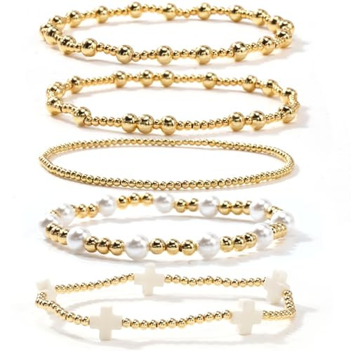 Bohxantium Gold Pearl Beaded Cross Bracelets Stack for Women Handmade Stackable Stretch Boho 14K Gold Plated Beads Ball Bracelets Set Trendy Jewelry Summer Birthday Prom Friendship Christian Gift | Amazon (US)