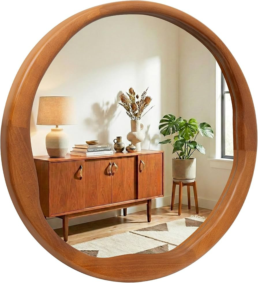 Round Walnut Mirror 30 Inch, Large Irregular Wavy Frame Wall Mirror for Living Room, Dining Room,... | Amazon (US)