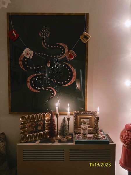 Felt holiday Christmas sweater garland, vintage gold frames, gold candle stick holders, bottlebrush bristle trees, holiday decor, wall art, home decor, apartment

#LTKfindsunder100 #LTKHoliday #LTKfindsunder50