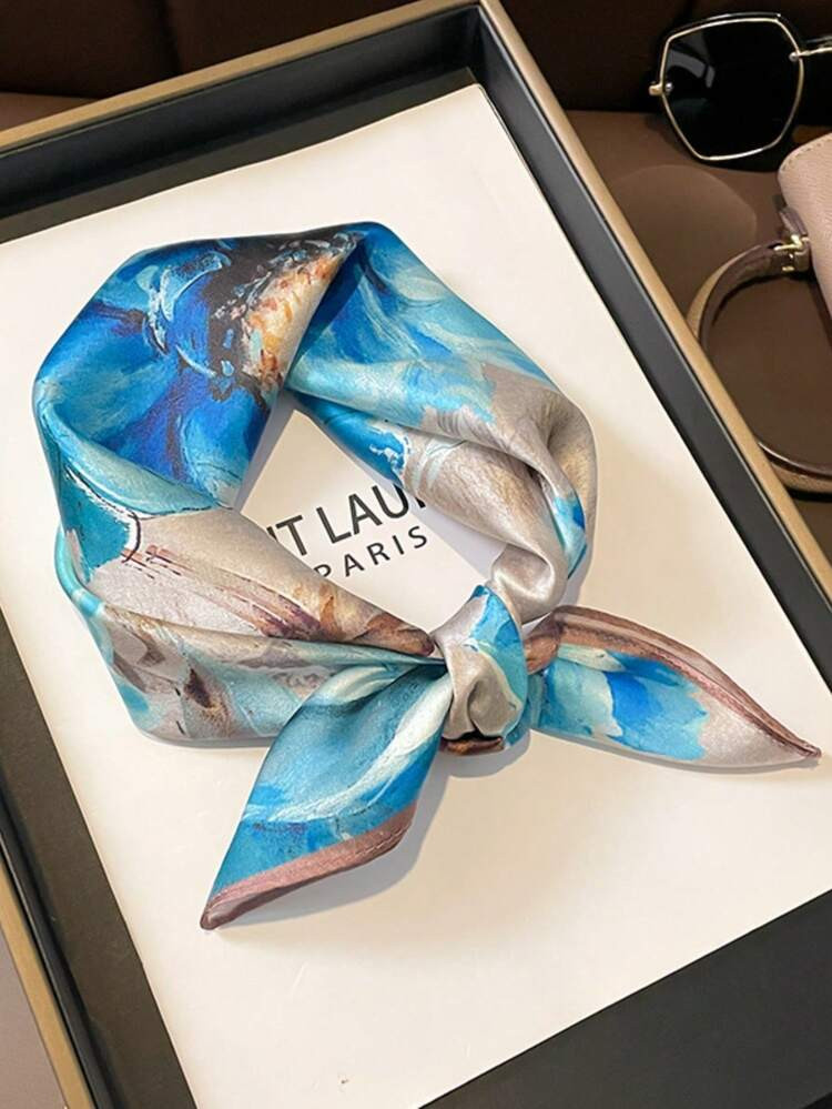 New
     
      One Blue Camellia Pattern 53cm Scarf For Women, Multifunctional Mulberry Neck Ker... | SHEIN