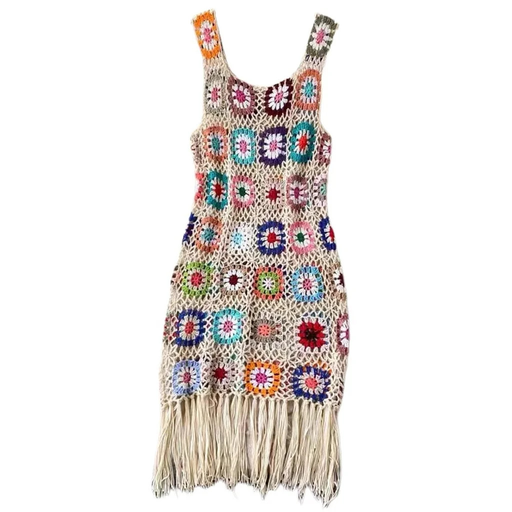 Women Sleeveless Square Neck Crocheted Flower A Line Short Dress Hollowed Knitted Tassels Beach V... | Walmart (US)
