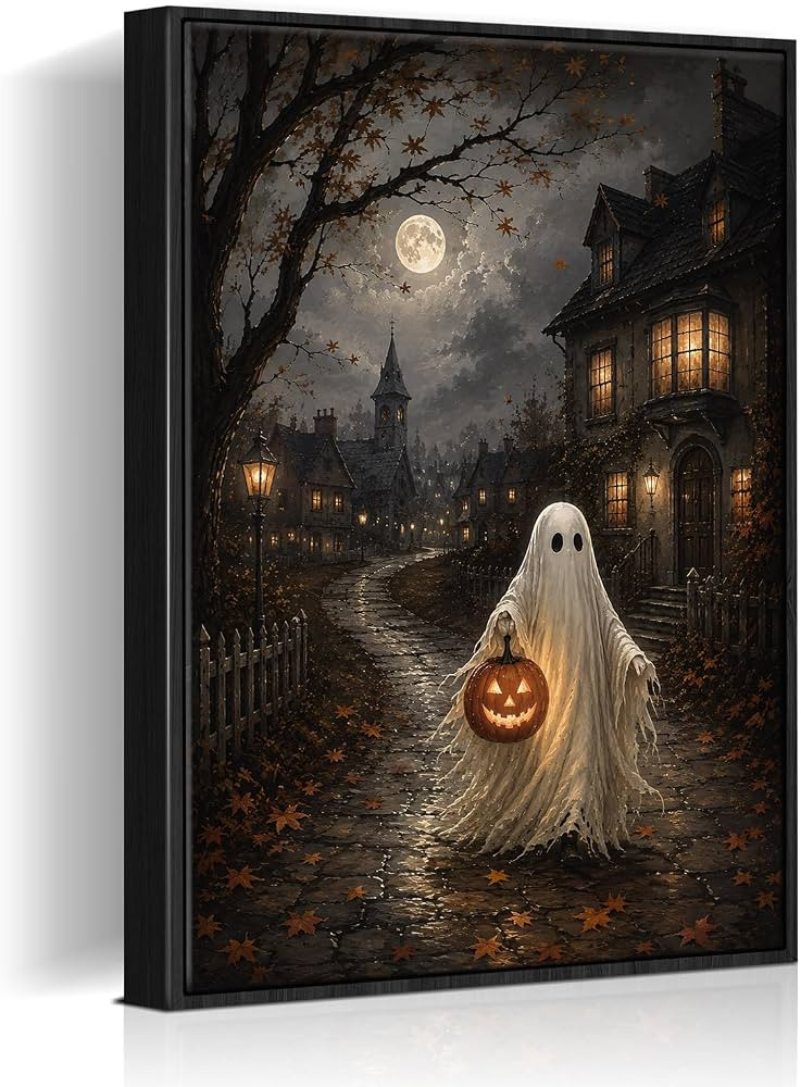 Framed Halloween Wall Art,Vintage Whimsical Oil Painting,Sheet Ghost Carrying Pumpkin Lantern Wan... | Amazon (US)