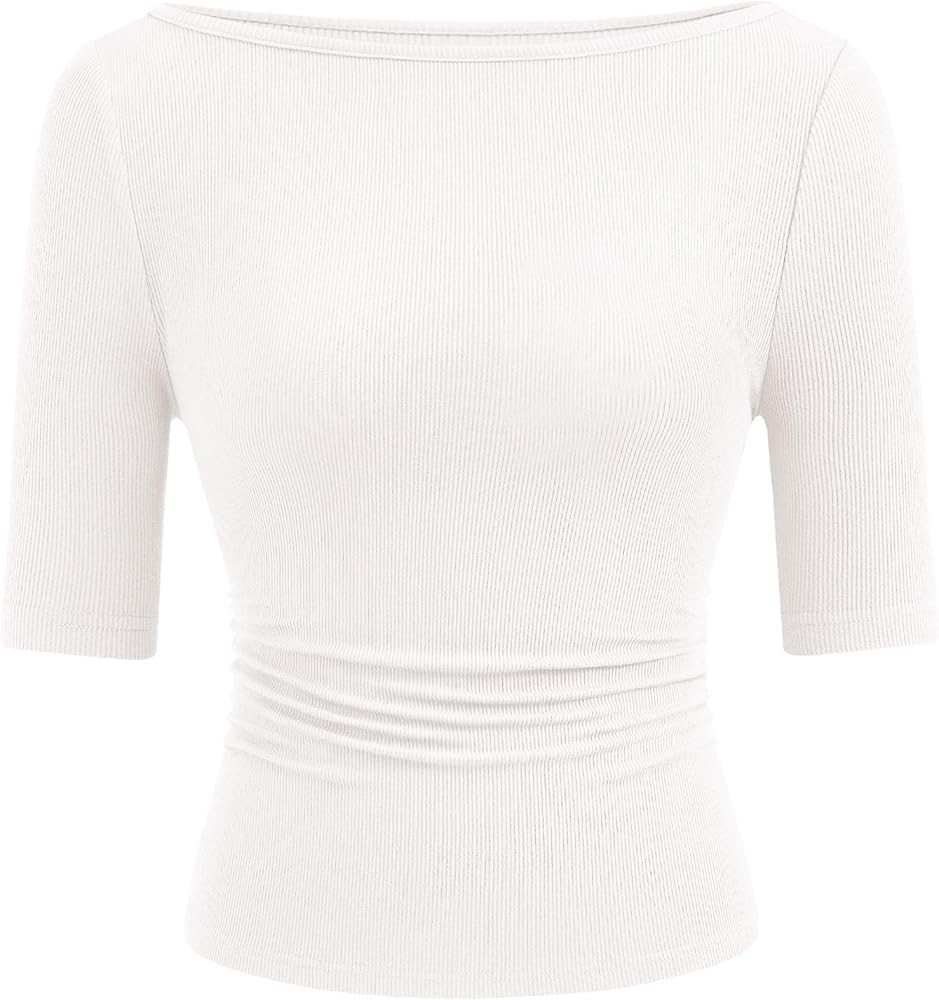 PRETTYGARDEN Womens Summer Short Sleeve Tops Boat Neck Ribbed Knit Slim Fit T Shirt Casual Basic ... | Amazon (US)