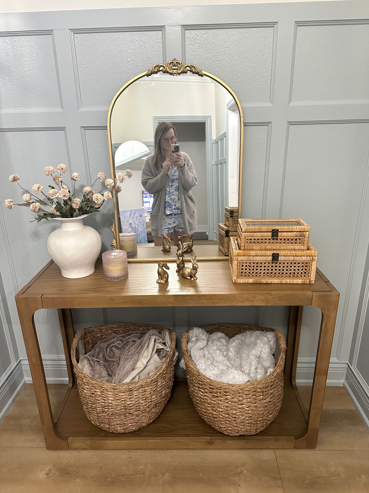 Excited we found an entry table for our front foyer! The table was out of stock for so long, but my hubby kept an eye on it and snagged it right when it came back in!!! 🙌🏼 It’s an amazing price and matches our living room coffee table! Linking the table + our decorative boxes, gold resin bunnies, gold arch mirror, pottery barn look for less vases, faux stems and baskets below! ⬇️ 

Home decor, Spring refresh, console table, Easter decor, home design, target home finds, Walmart home, furniture, Amazon home 

#LTKWatchNow #LTKHome #LTKSeasonal