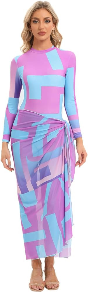 Womens Muslim Swimsuits Tie Dye Top Swim Pants with Long Sarong Cover up Wrap Skirt Swimwear Mode... | Amazon (US)