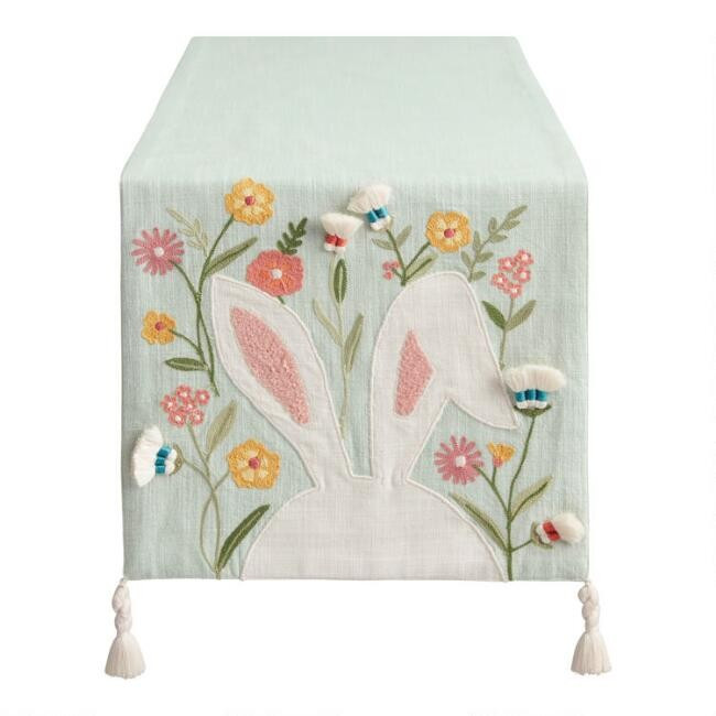 Pier Place Pastel Blue Bunny Embroidered Table Runner | World Market