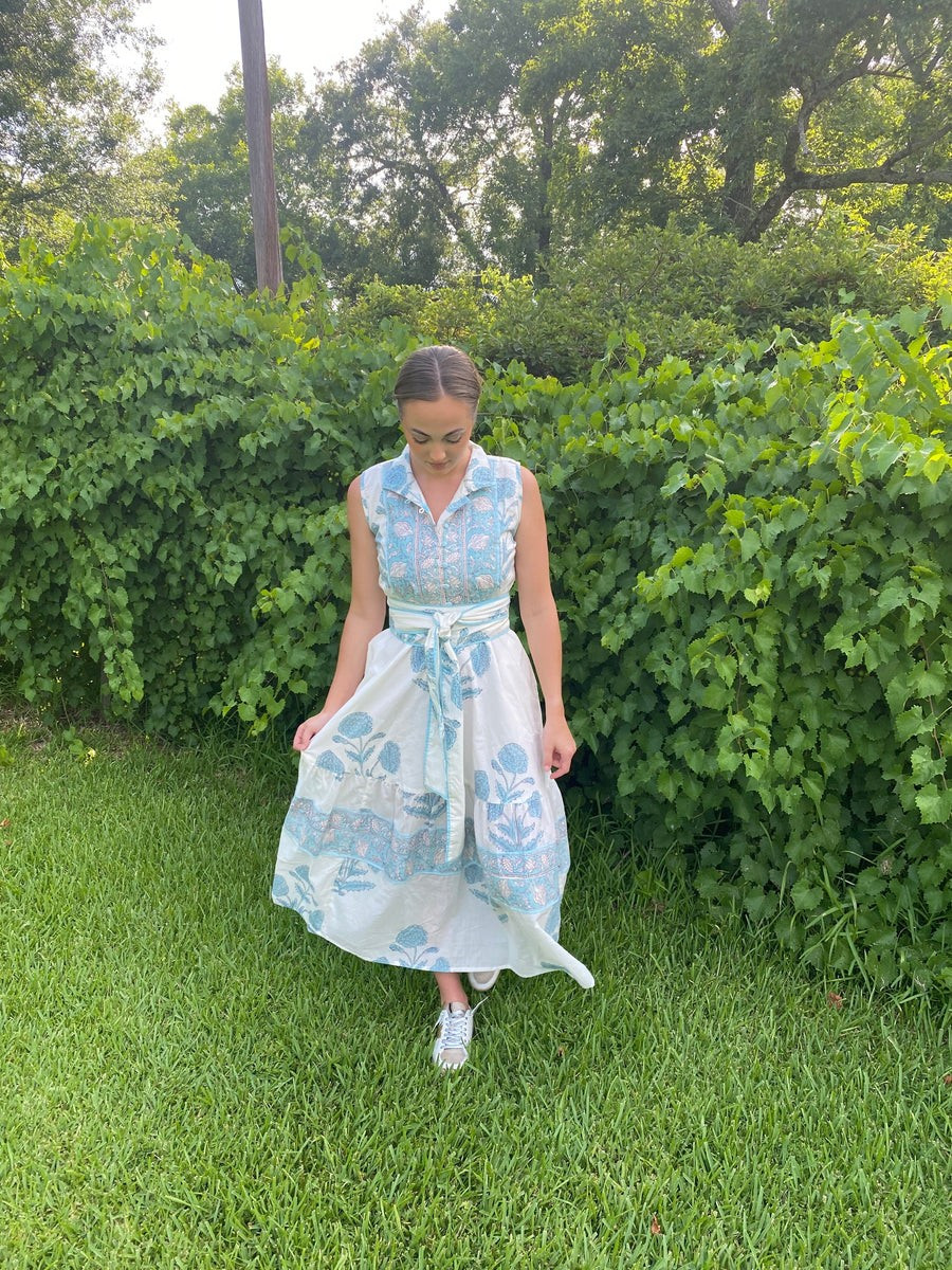 Sleeveless Paloma Flounce Dress | Baby Blue Marigold | SUE SARTOR