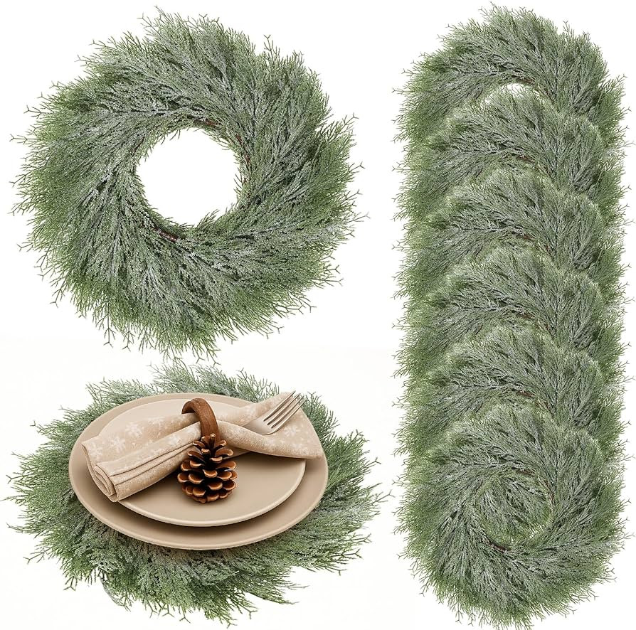 Christmas Placemats Set of 6 Round Greenery Place Mats Xmas Circular Artificial Wreath Dining Tab... | Amazon (US)