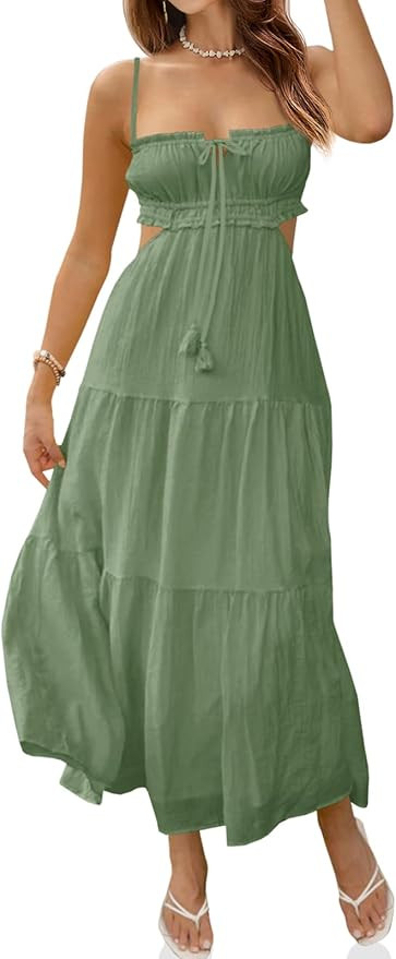 Fisoew Women's Spaghetti Strap Maxi Dress Summer Sleeveless Side Cut Out Dress Casual Boho Backle... | Amazon (US)