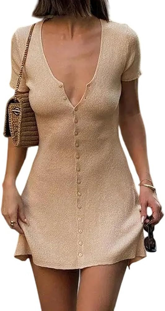 Women Sexy Deep V Neck Button Front Knit Mini Dress Elegant Short Sleeve Ribbed Flowy Hem A-Line ... | Amazon (US)