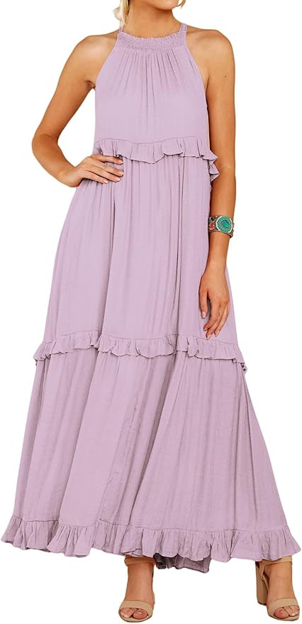 R.Vivimos Womens Summer Dress Cotton Sleeveless Halter Layered Ruffles Casual Boho Flowy Maxi Dre... | Amazon (US)