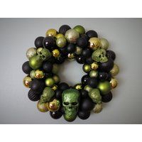 Halloween Wreath Skull Black & Lime Ornament With Skulls | Etsy (US)