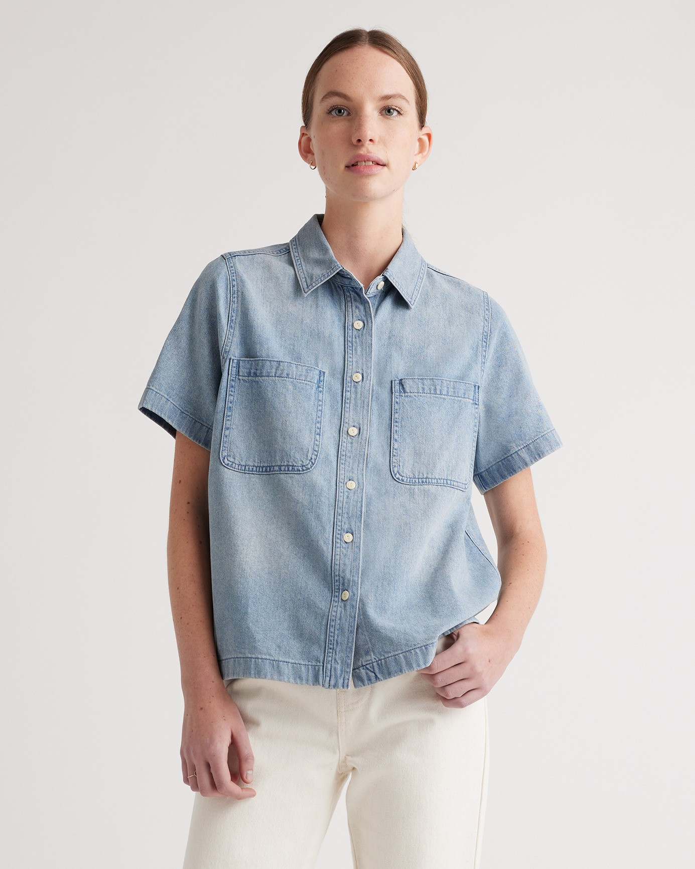 Quince | Women's Distressed Denim Short Sleeve Shirt in Washed Black, Size Medium, Cotton | Quince