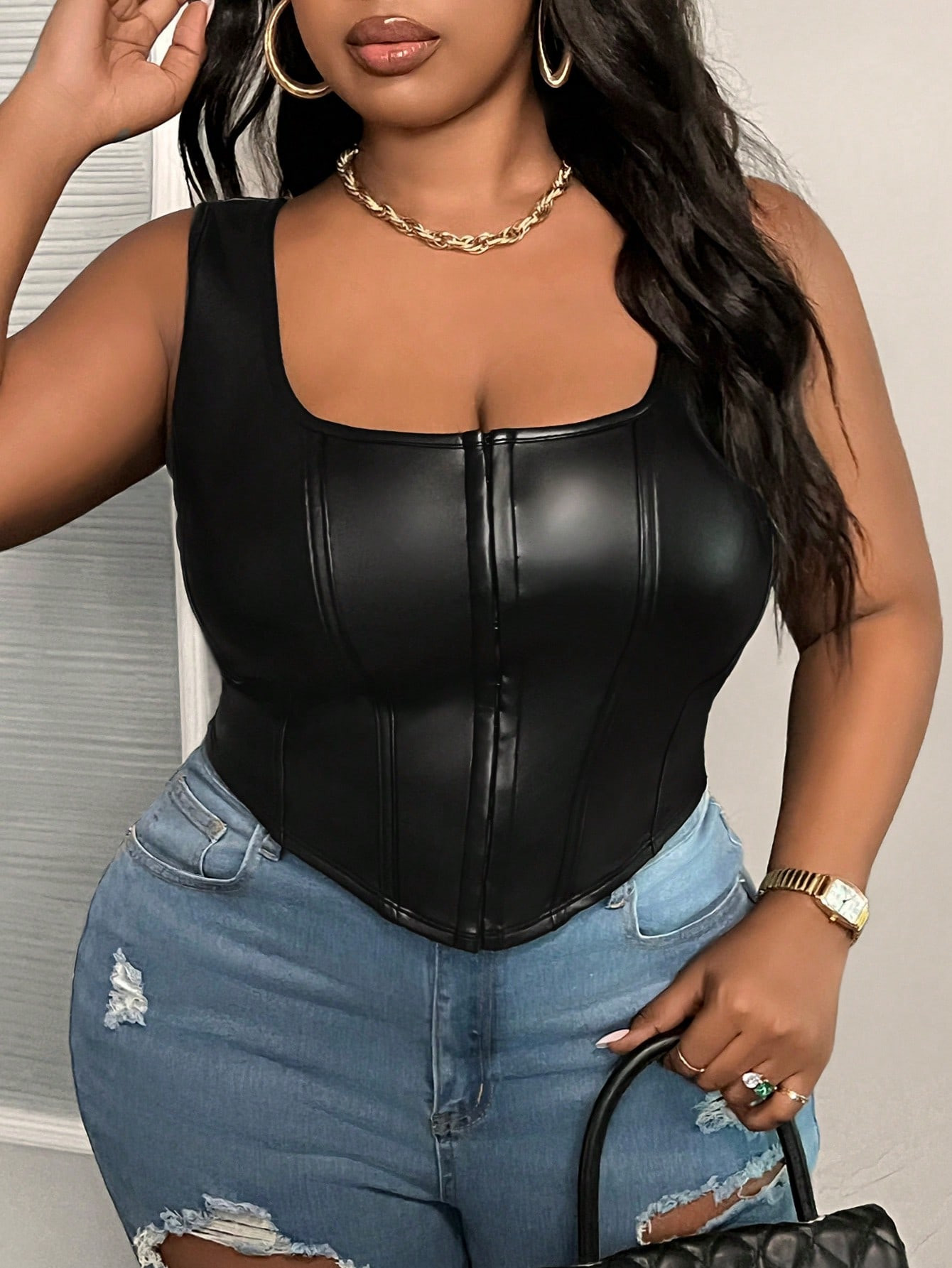 SHEIN Slayr Plus Size Tight Fit Pu Corset Top - Black | SHEIN