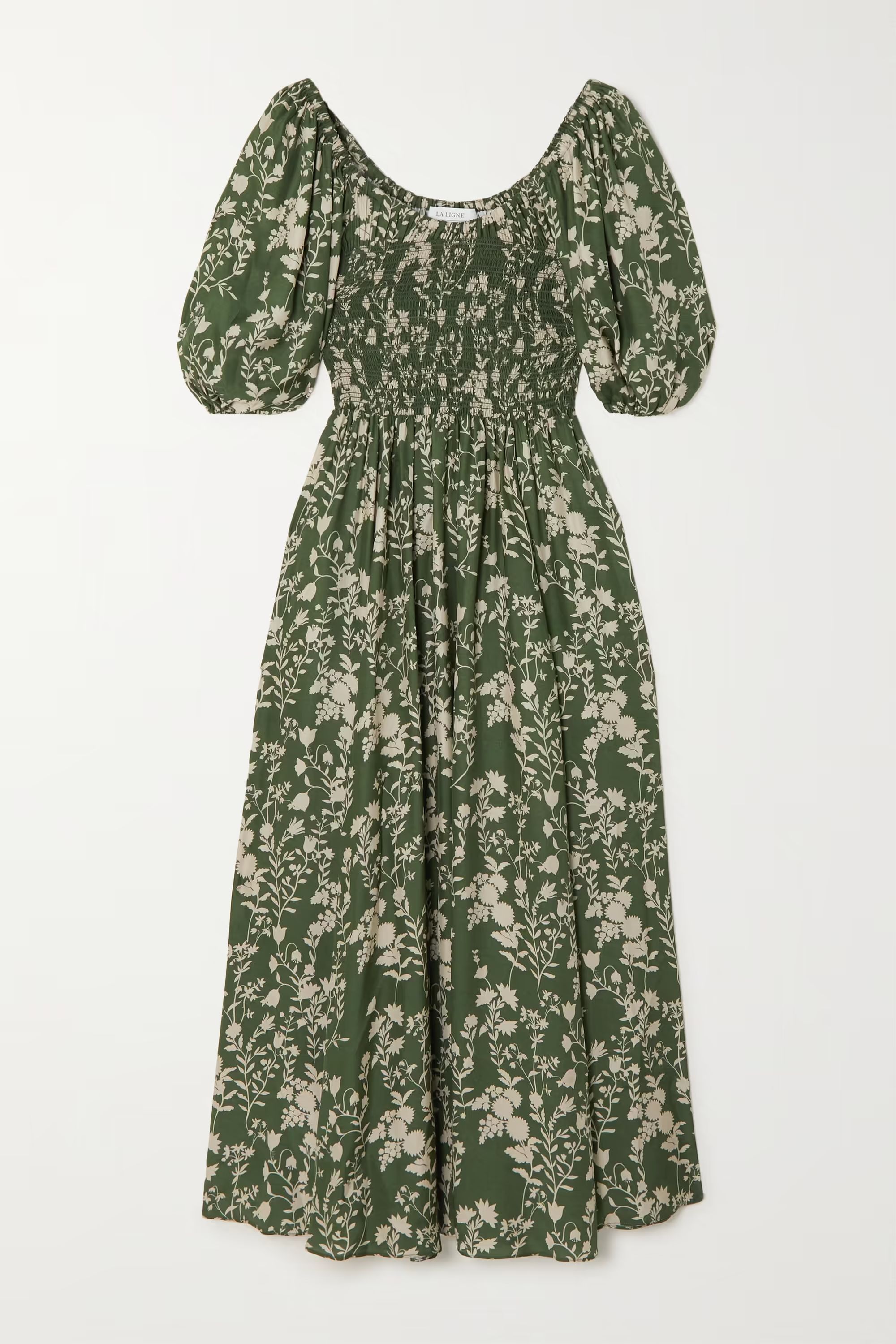 Shirred floral-print silk-crepe midi dress | NET-A-PORTER (UK & EU)