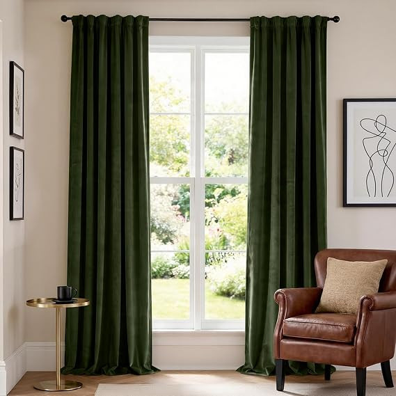 Lazzzy Dark Green Velvet Curtains Blackout Thermal Insulated Curtain 108 Inch Long Drapes 2 Panel... | Amazon (CA)