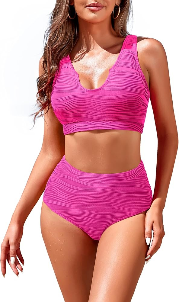 Adisputent High Waisted Bikini Set for Women Sporty Ruched Swimsuits V Neck Crop Top Tummy Contro... | Amazon (US)