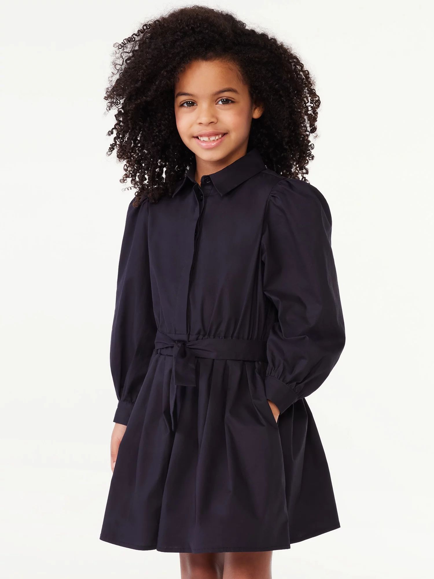 Scoop Girls Pleat Waist Shirt Dress with Tie Belt, Sizes 4-12 | Walmart (US)