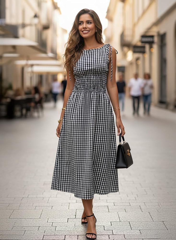 Acelitt Womens Gingham Dress Flowy Maxi Beach Sun Dresses | Amazon (US)