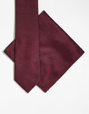 ASOS DESIGN textured tie and pocket square in burgundy | ASOS (Global)