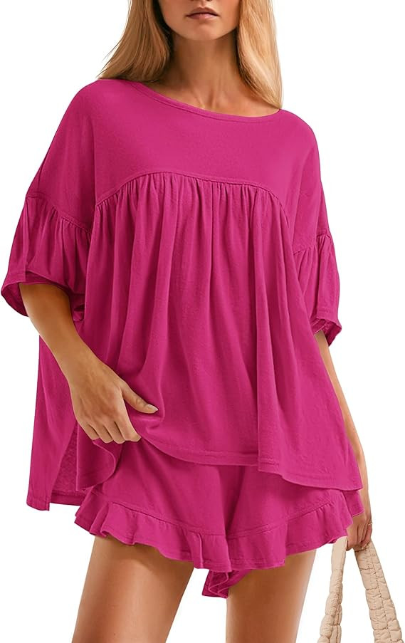 ZESICA Women's Summer 2 Piece Outfits 2025 Ruffle Short Sleeve Tops and Shorts Casual Loose Overs... | Amazon (US)