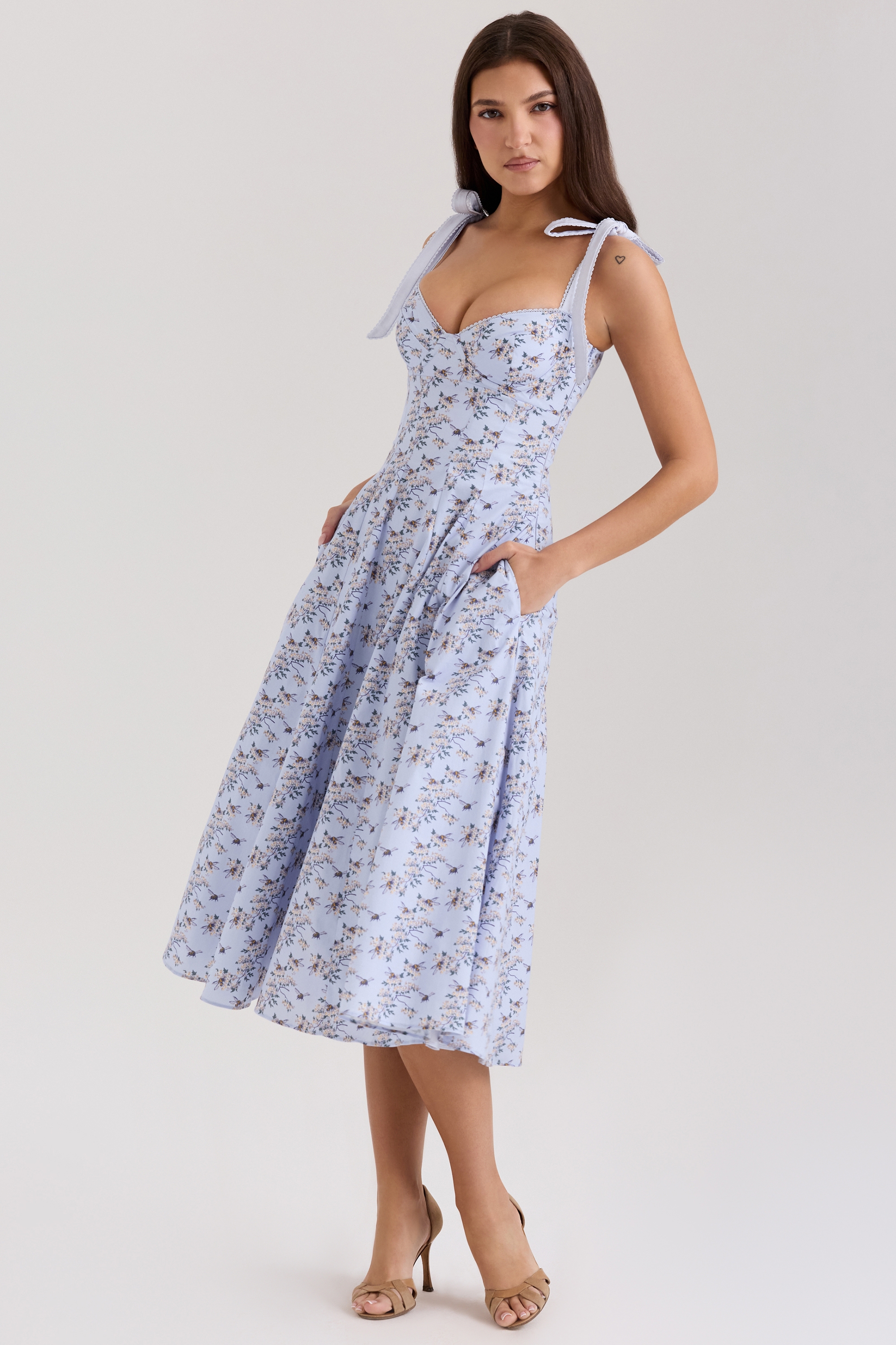 blue floral print stretch cotton midi sundress | House of CB