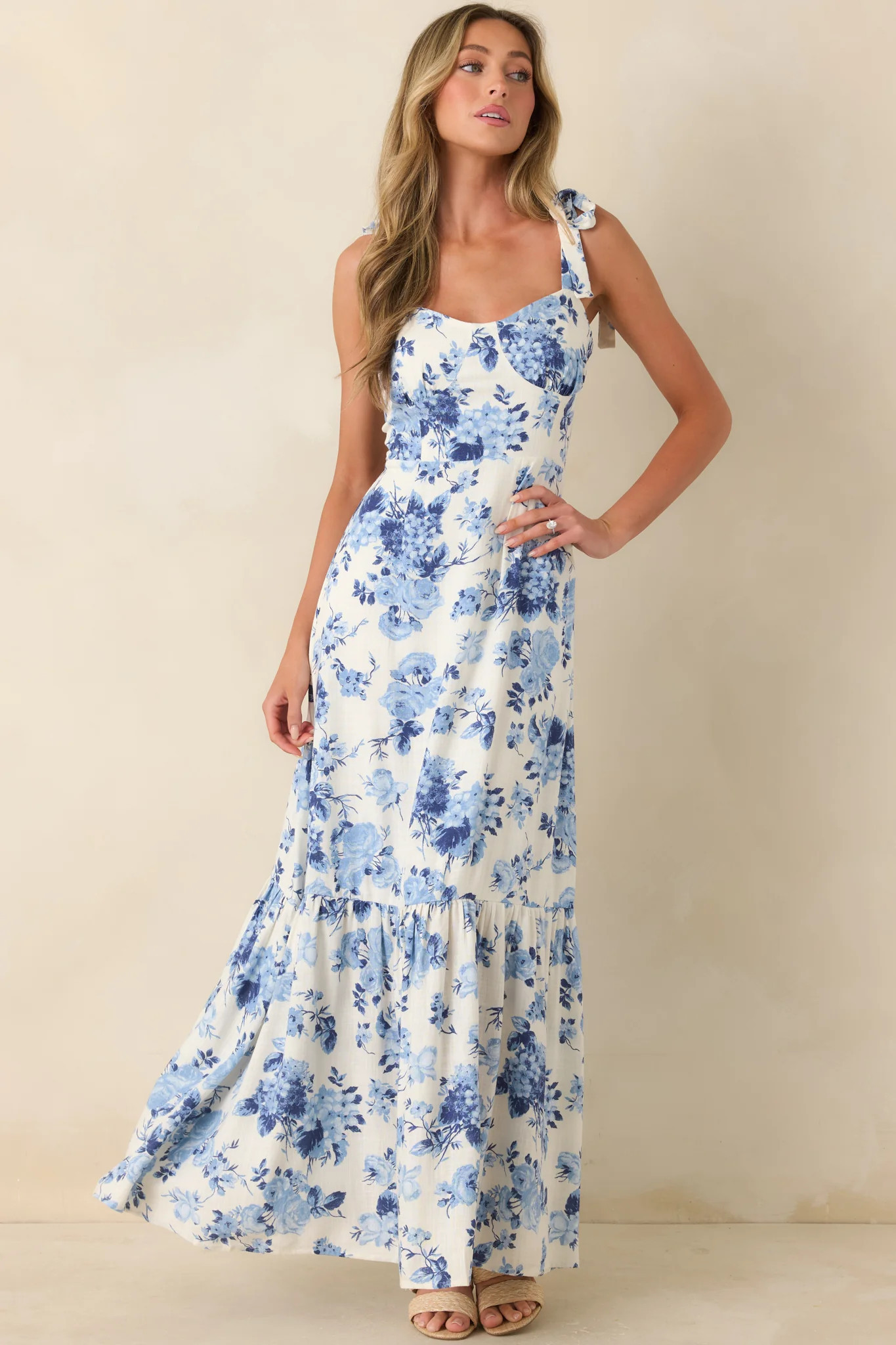 Timeless & True Blue Floral Tie Shoulder Tiered Midi Dress | Red Dress