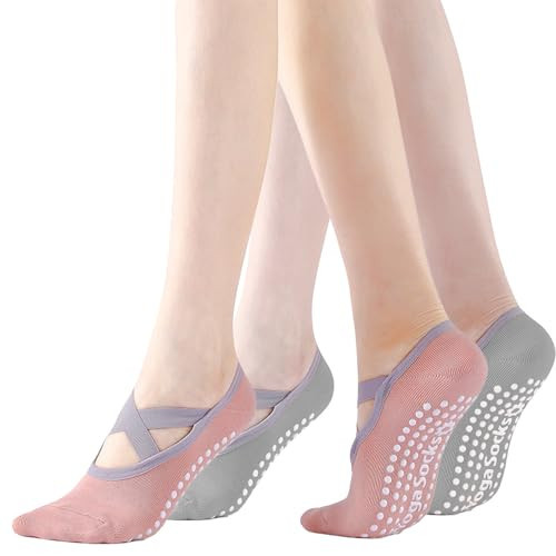 Yoga Socks - 2 Pairs Grip Non-Slip Socks for Women, One Size Fitness Sport Socks with Straps, Grey Pink | Amazon (US)