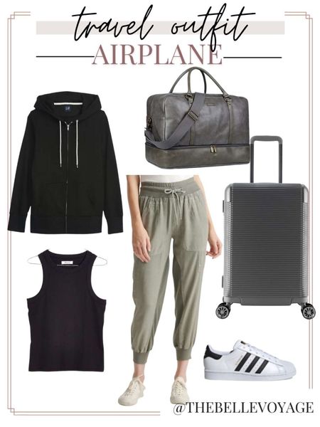 The perfect cute and comfy travel outfit!  Wear this airplane outfit on your next flight to stay cozy and stylish.  Green joggers, black hoodie, leather weekender bag, black cropped tank.

#LTKtravel #LTKSeasonal #LTKstyletip