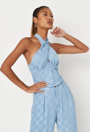 Missguided - Petite Blue Co Ord Checkerboard Satin Ruched Halterneck Corset Top | Missguided (UK & IE)