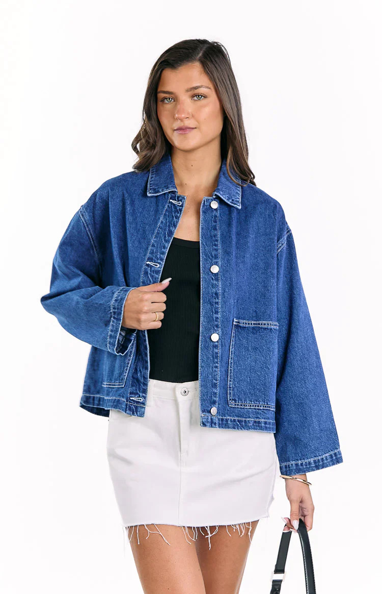 Mixie Mid Wash Denim Contrast Stitch Denim Jacket | Beginning Boutique (US)