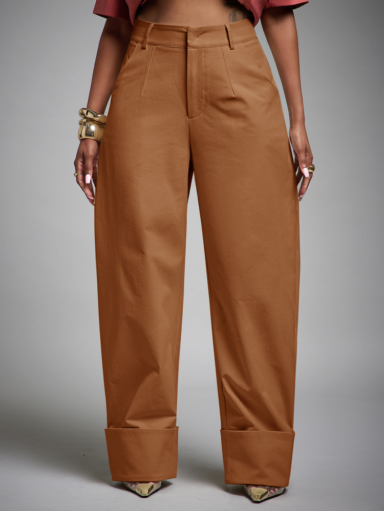 Vixey High Waist Fold Over Cuffed Hem Barrel Leg Trousers | SHEIN