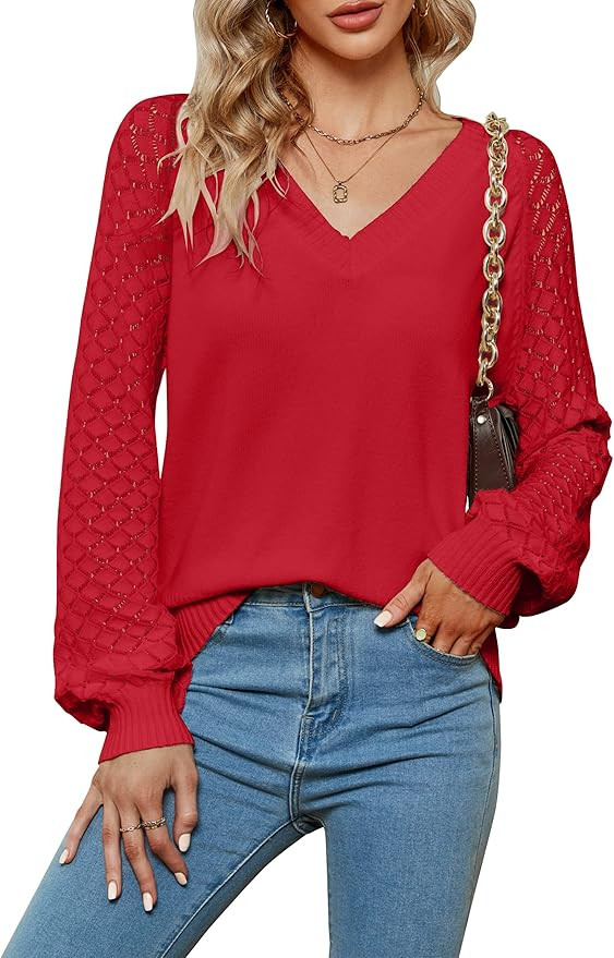 BMJL Womens V Neck Sweaters Dressy Casual Winter Long Sleeve Tops Knit Puff Sleeve Pullover | Amazon (US)