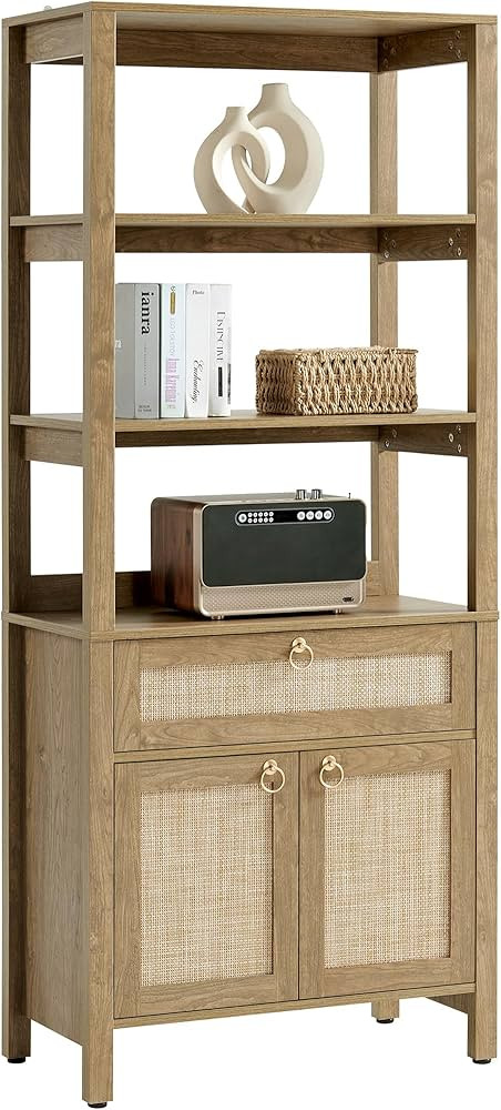 SICOTAS Book Shelf with Drawer and Doors, Rattan Bookshelf with Round Gold Handle, 3 Tier Shelf f... | Amazon (US)