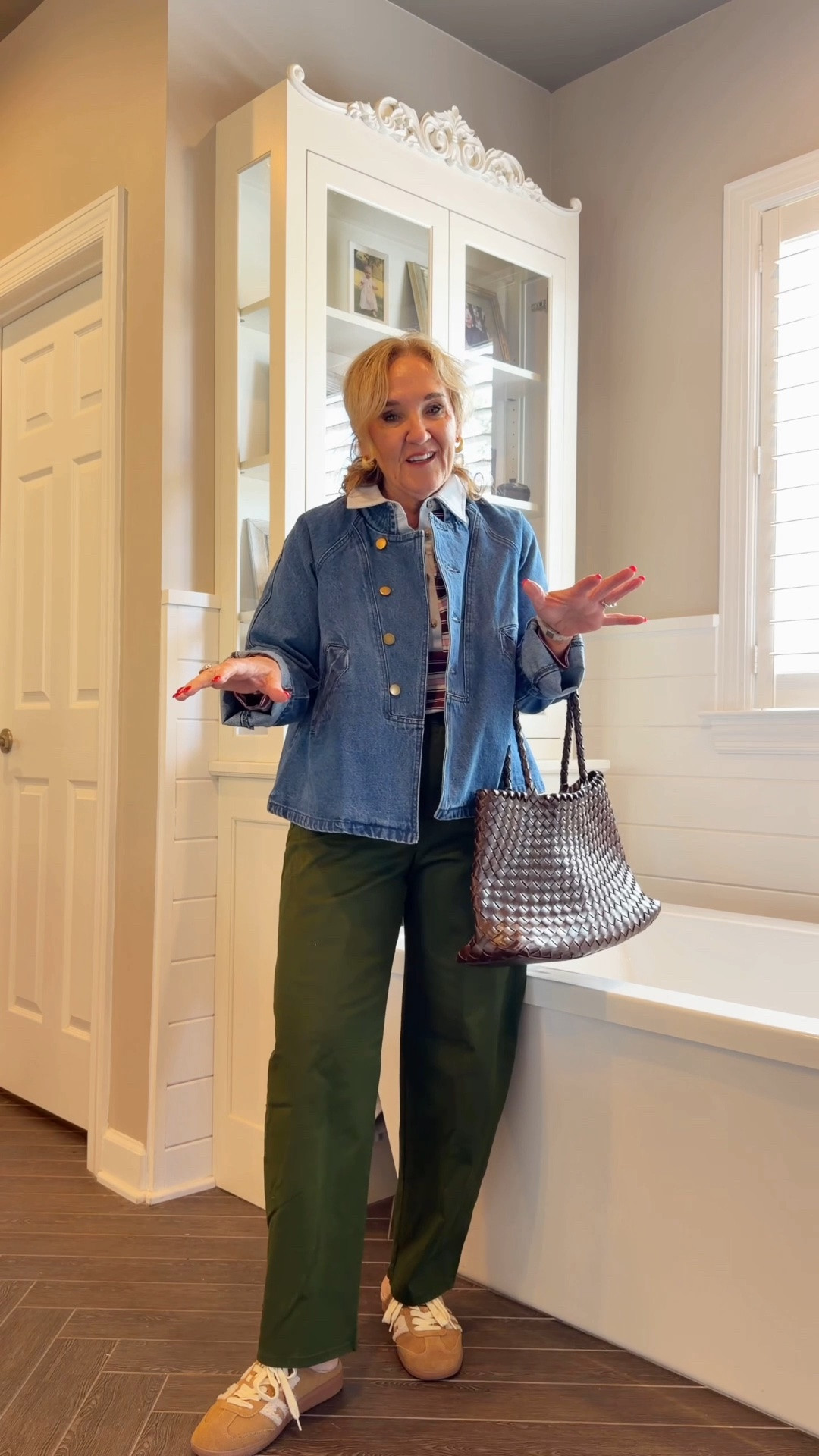 Easy fall casual outfit. Love these new barrel chinos. Wearing an 8 reg. I prob could have used the petite 
Striped top is lightweight and roomy size med 
Jacket size medium

#LTKOver40 #LTKootd #LTKPetite