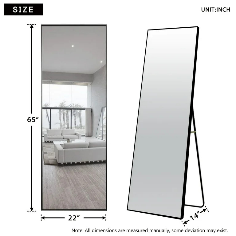NeuType Full Length Standing Floor Mirror with Aluminum Alloy Thin Frame, Black, 65" x 22" - Walm... | Walmart (US)