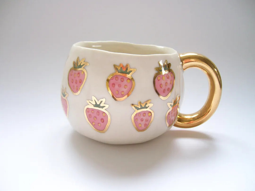 Pink Strawberry Mug With Gold - Etsy | Etsy (Global)